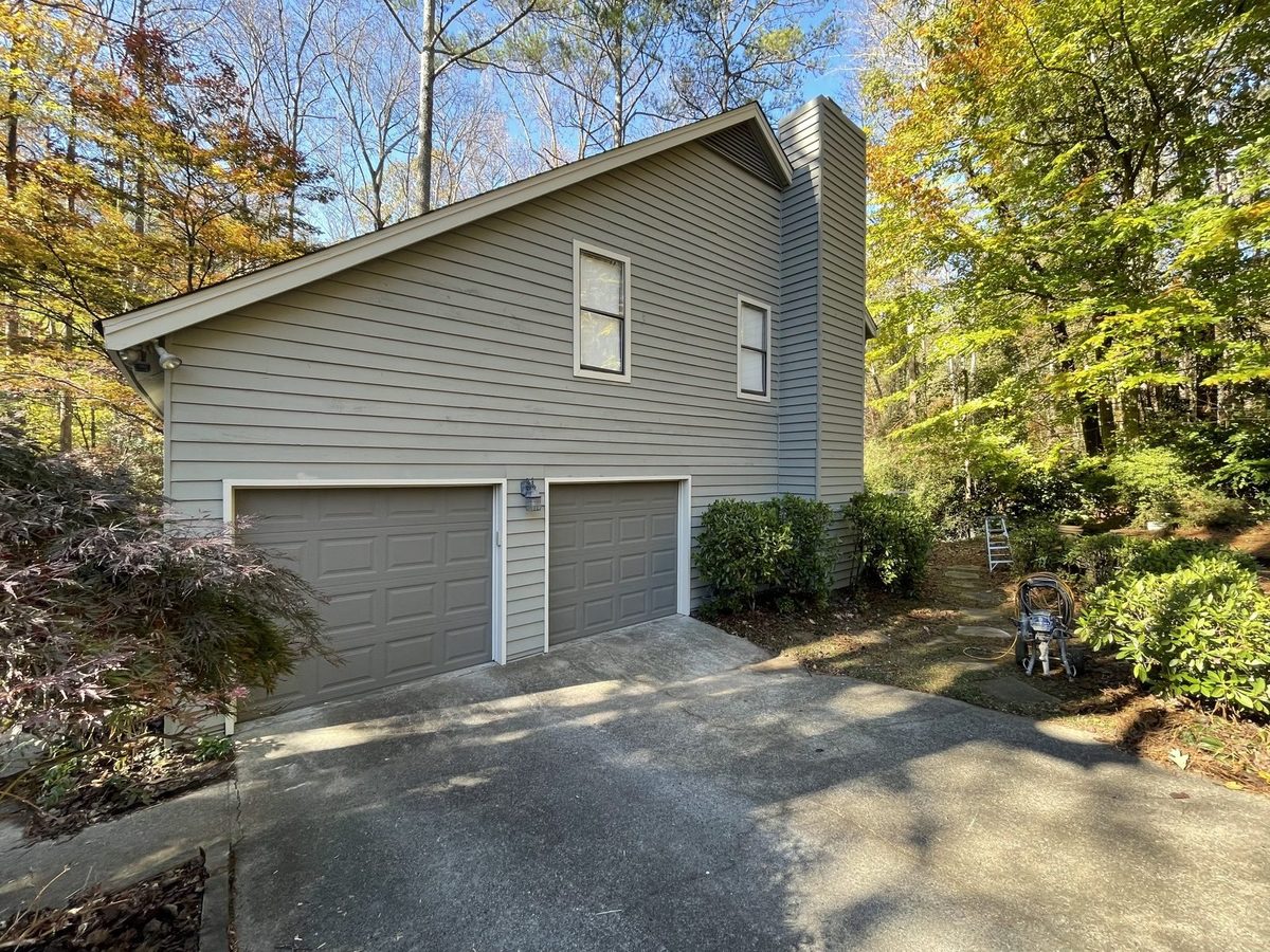 Greige exterior house repaint with white trim in Northern Virginia